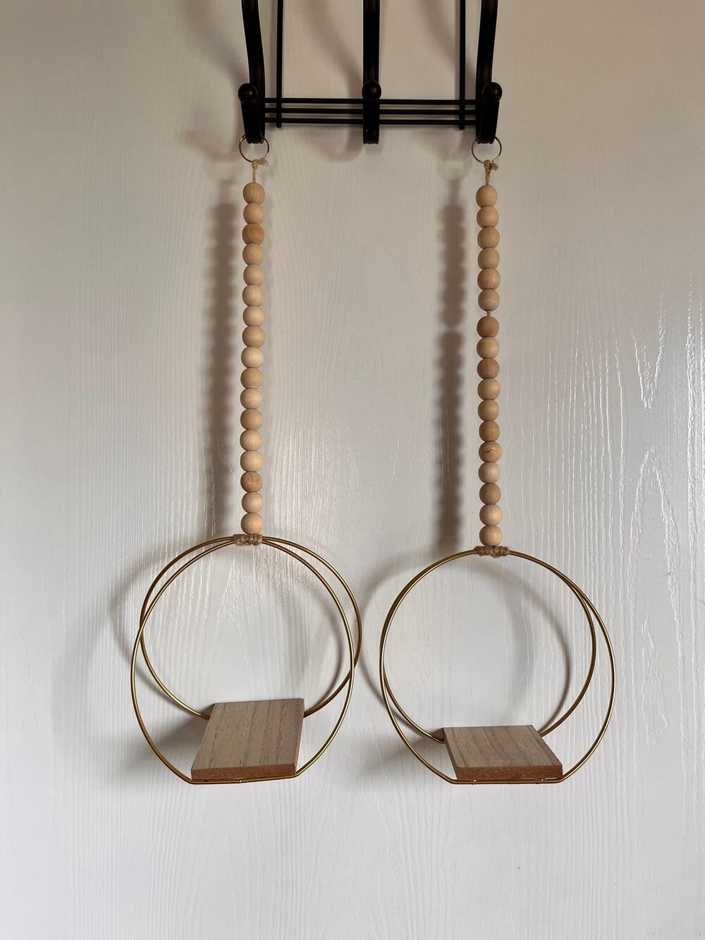 Boho Hanging Plant Shelves Set of 2 Gold Wire Hoop Wooden Bead Display (As Is)